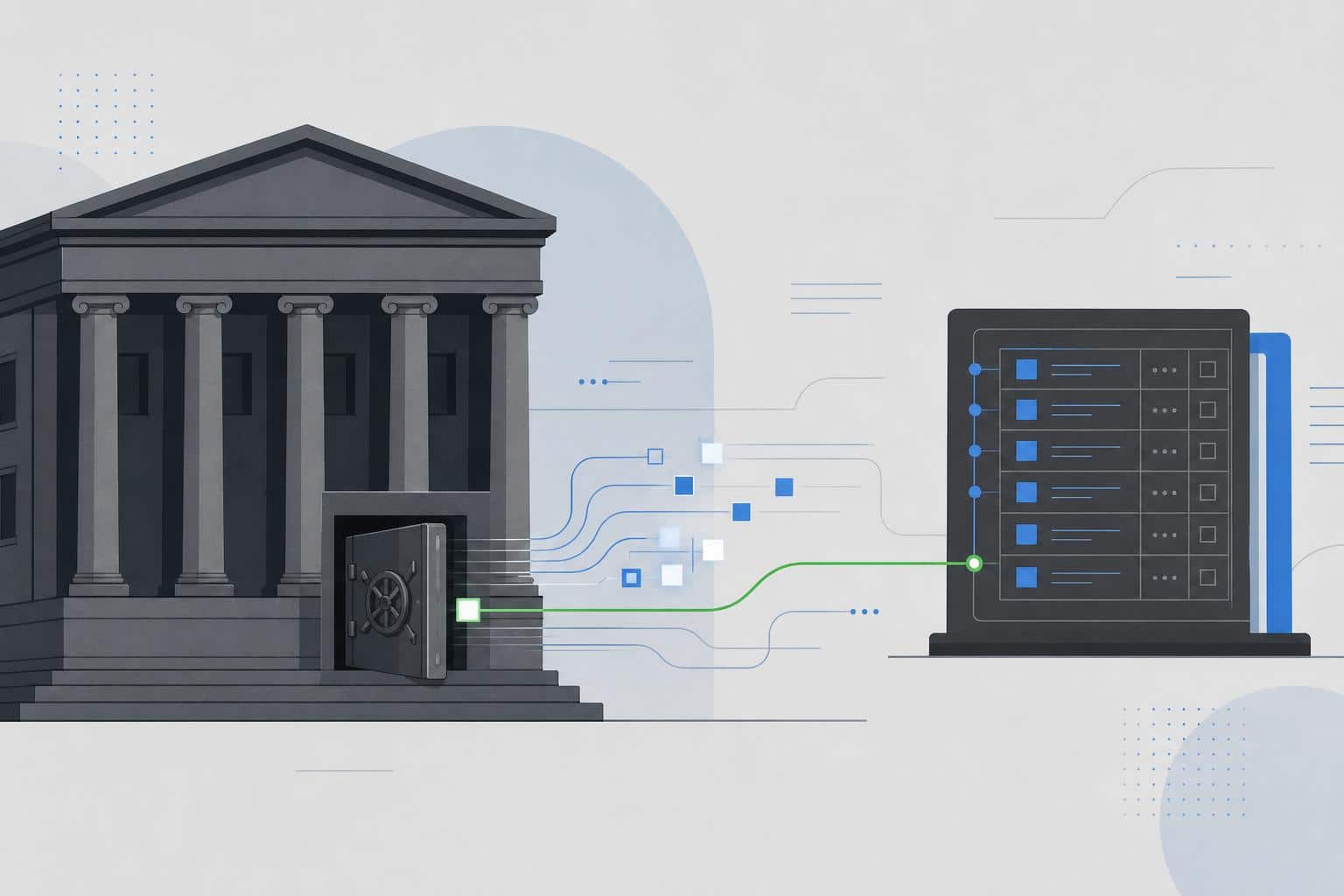 Stilisierte Illustration eines zentralbankartigen Gebäudes mit abstrakten Ledger-Linien und Blockformen