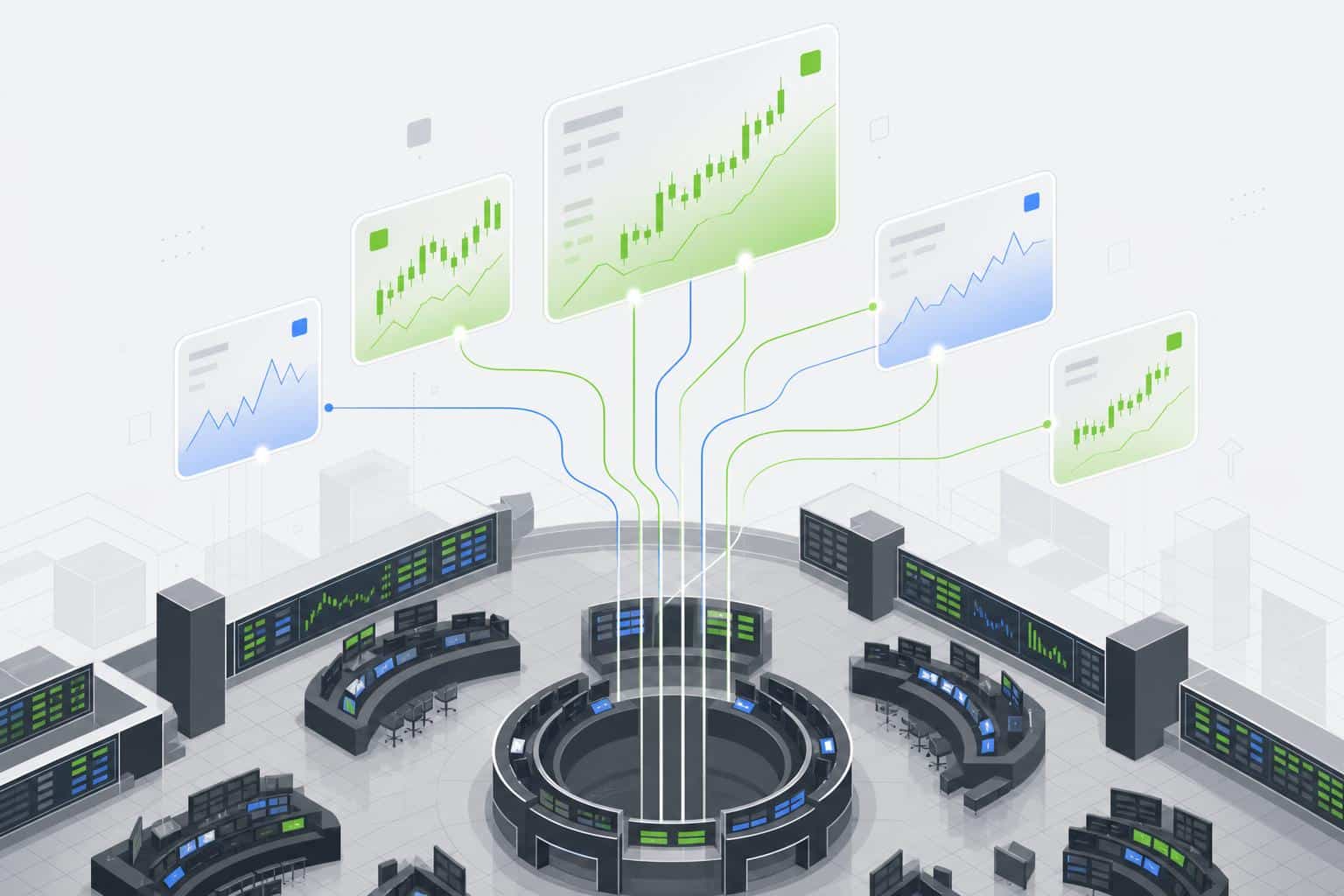 Illustration: Börsenhandel mit tokenisierten Aktien, stilisierte Handelsfläche mit Chartlinien und digitalen Token-Karten