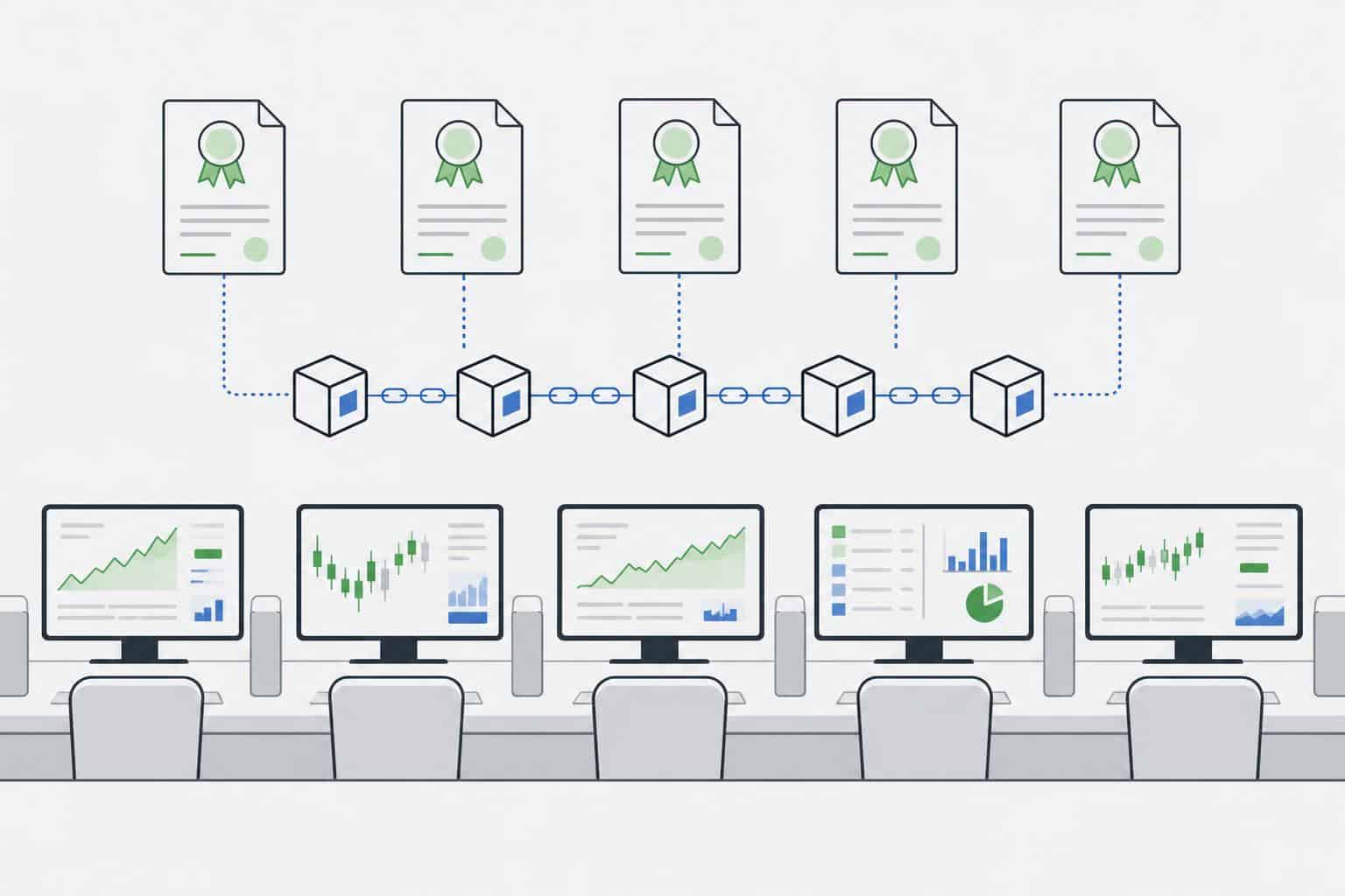 Illustrierende Darstellung eines Handelsplatzes mit Blockchain-Elementen und tokenisierten Wertpapieren in gedämpften Farben